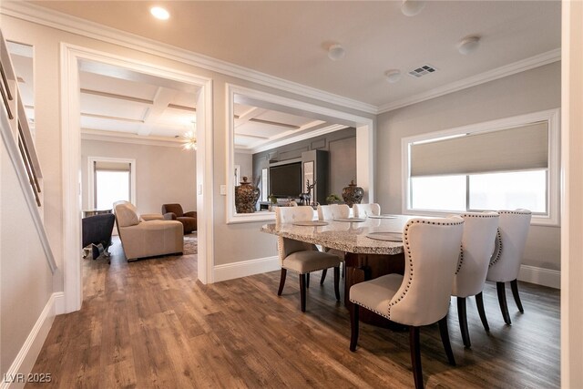 363 Terrill Ave, Las Vegas, NV 89183 - dining space with coffered ceiling, ornamental molding, baseboards, dark wood-style floors, and visible vents