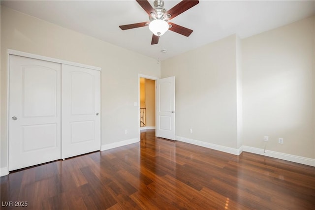 9173 Whitekirk Pl, Las Vegas, NV 89145 - unfurnished bedroom featuring wood finished floors, baseboards, a closet, and a ceiling fan
