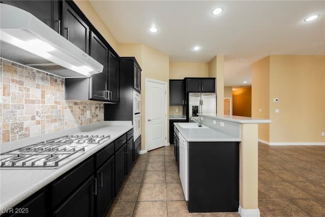 9173 Whitekirk Pl, Las Vegas, NV 89145 - kitchen featuring under cabinet range hood, appliances with stainless steel finishes, dark cabinetry, a sink, and a kitchen island with sink