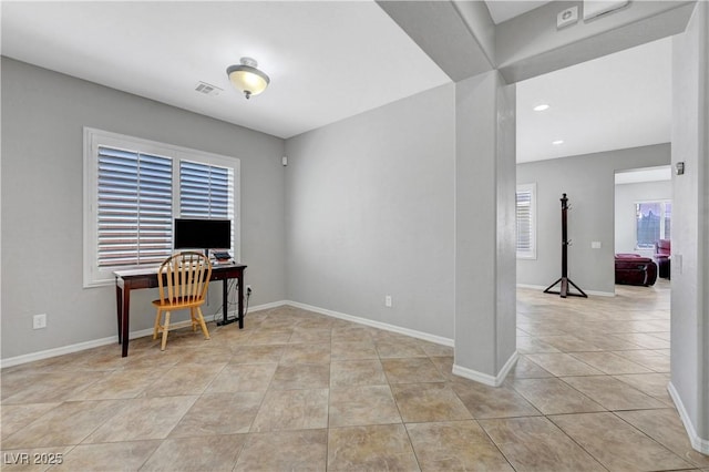 tiled home office with baseboards, recessed lighting, and visible vents