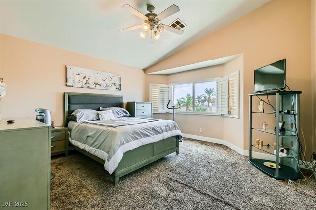 carpeted bedroom with baseboards, lofted ceiling, visible vents, and a ceiling fan