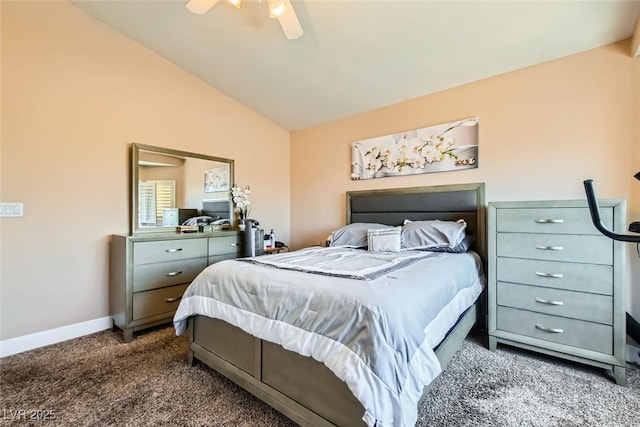 carpeted bedroom with baseboards, lofted ceiling, and a ceiling fan