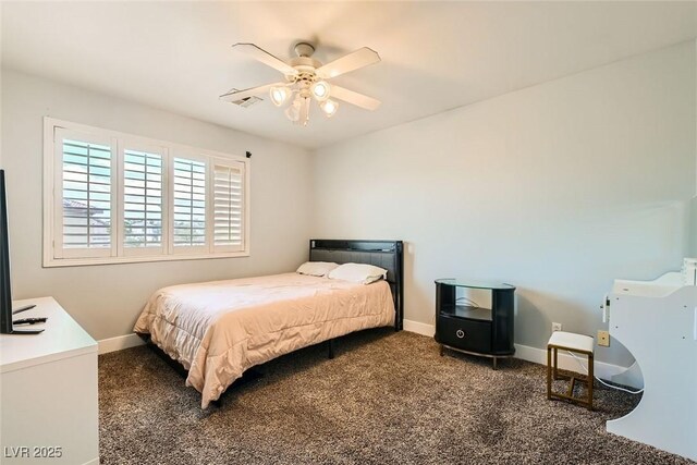 bedroom featuring baseboards, a ceiling fan, visible vents, and carpet