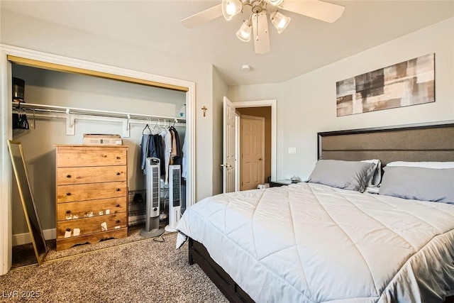 bedroom with a closet, ceiling fan, and carpet flooring
