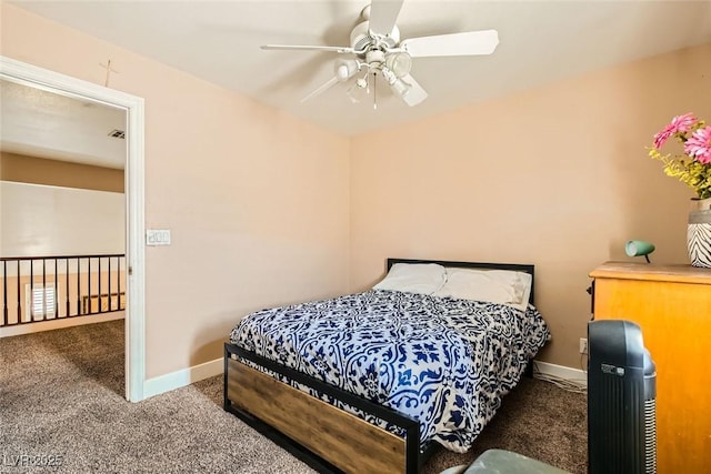 bedroom with baseboards, carpet flooring, ceiling fan, and visible vents