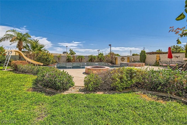 view of pool with a fenced backyard, a lawn, an outdoor hot tub, and a patio