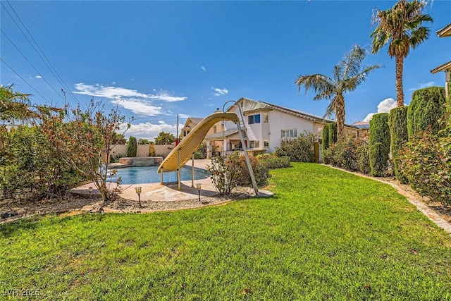 view of yard with a fenced backyard, a patio, and a fenced in pool