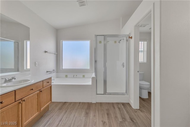 6790 Gold Yarrow St, Las Vegas, NV 89148 - full bathroom featuring plenty of natural light, a stall shower, vanity, and lofted ceiling