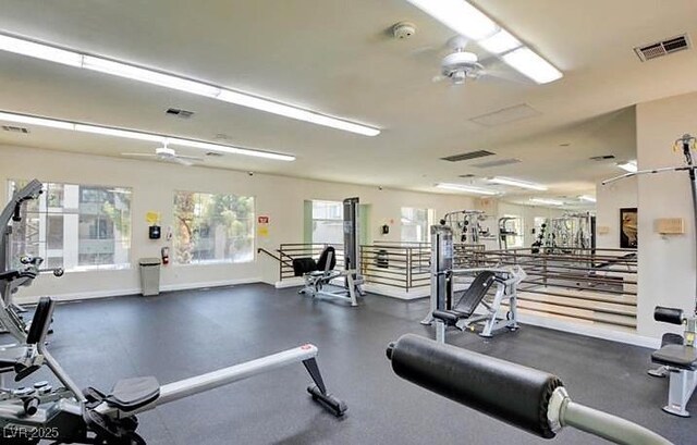 workout area featuring ceiling fan and visible vents