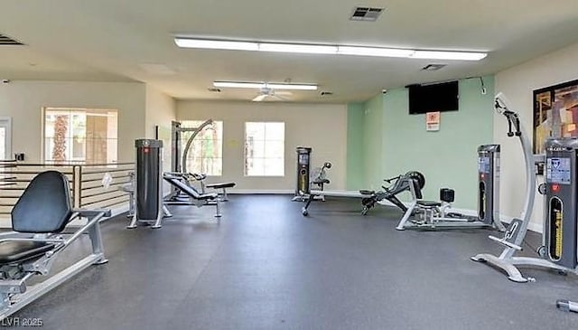 workout area featuring visible vents and ceiling fan