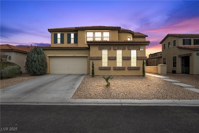 489 Wendover Hills Ave, Las Vegas, NV 89123 - view of front of property with concrete driveway, an attached garage, stucco siding, and a tile roof