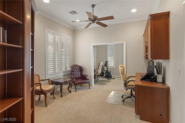 home office with crown molding, recessed lighting, visible vents, a ceiling fan, and light carpet