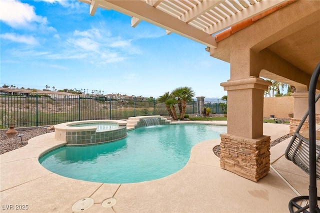 view of pool featuring a fenced backyard, a pool with connected hot tub, a patio, and a pergola