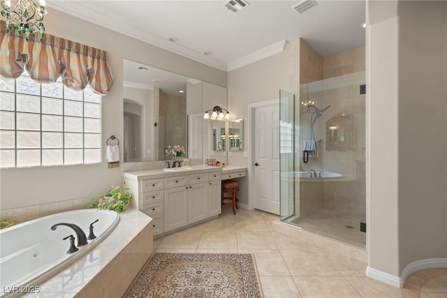 full bathroom with tile patterned floors, a jetted tub, vanity, a shower stall, and ornamental molding