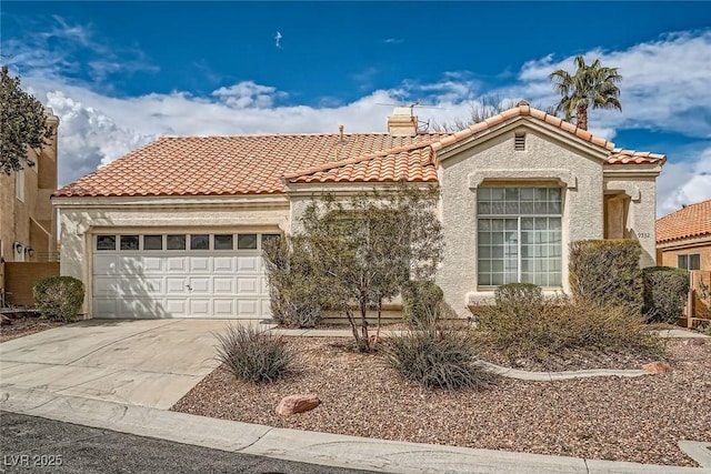 9532 Calico Garden Ave, Las Vegas, NV 89134 - mediterranean / spanish house featuring a tiled roof, a garage, driveway, stucco siding, and a chimney