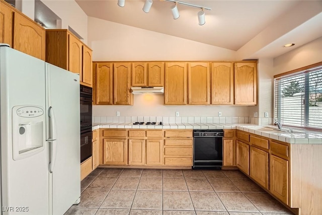 9532 Calico Garden Ave, Las Vegas, NV 89134 - kitchen featuring black appliances, under cabinet range hood, lofted ceiling, tile countertops, and a sink