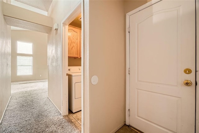 9532 Calico Garden Ave, Las Vegas, NV 89134 - hall with washer / clothes dryer, light carpet, and baseboards