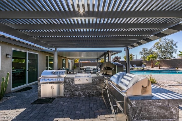 8637 Home Gate Ct, Las Vegas, NV 89113 - view of patio with area for grilling, an outdoor living space, a fenced backyard, and a pergola