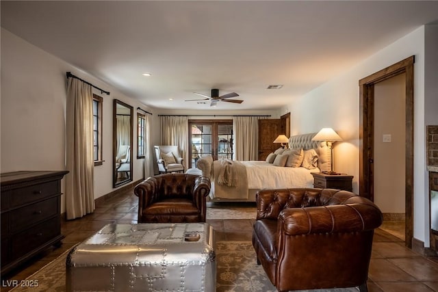 bedroom featuring dark tile patterned flooring, baseboards, recessed lighting, and a ceiling fan