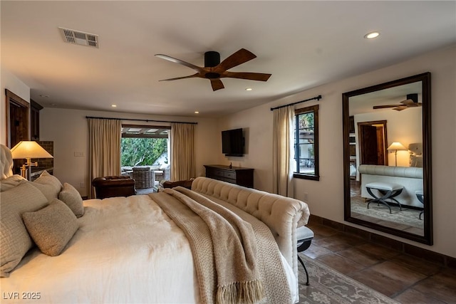 bedroom featuring recessed lighting, baseboards, access to exterior, and ceiling fan