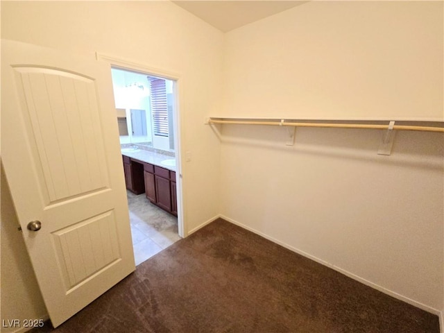 walk in closet featuring light carpet