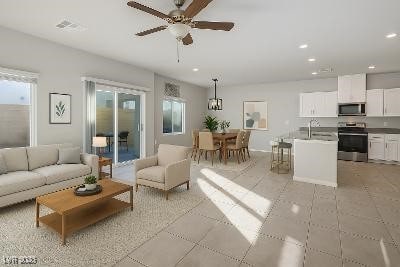 9871 Magnus Ct, Las Vegas, NV 89178 - living area featuring recessed lighting, a ceiling fan, and light tile patterned floors