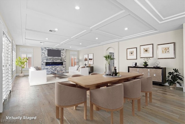 6335 Mount Eden Ave, Las Vegas, NV 89139 - dining room with coffered ceiling, light wood-type flooring, recessed lighting, baseboards, and beamed ceiling