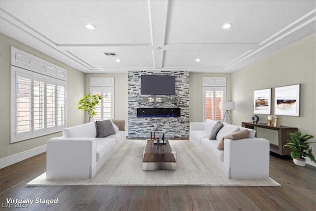 6335 Mount Eden Ave, Las Vegas, NV 89139 - living room with baseboards, a tiled fireplace, plenty of natural light, wood finished floors, and coffered ceiling