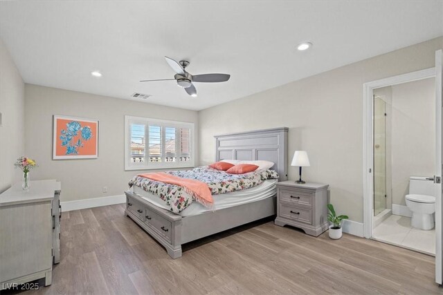 6335 Mount Eden Ave, Las Vegas, NV 89139 - bedroom featuring light wood-type flooring, baseboards, connected bathroom, a ceiling fan, and recessed lighting