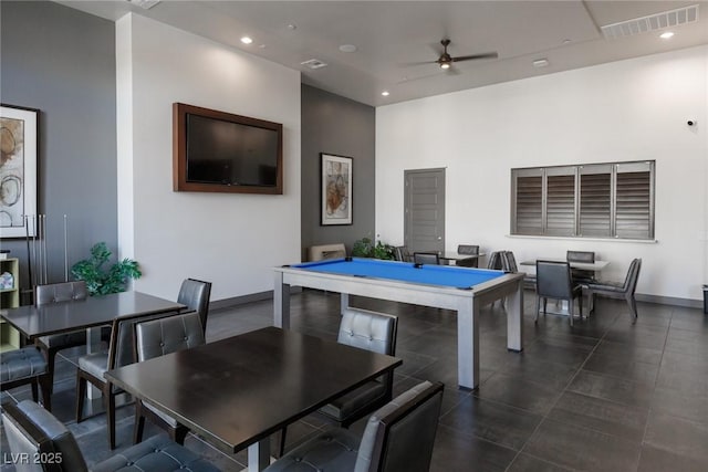 rec room featuring billiards, baseboards, visible vents, ceiling fan, and recessed lighting