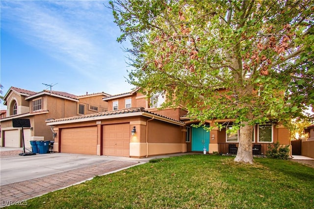 1017 Fairbury St, Henderson, NV 89052 - view of front of property with a tile roof, driveway, a front yard, stucco siding, and an attached garage