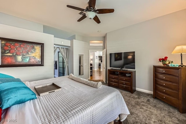 bedroom featuring carpet flooring, baseboards, and a ceiling fan