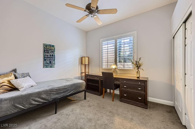 bedroom with a closet, baseboards, a ceiling fan, and light colored carpet