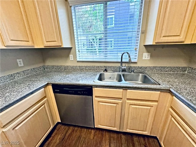 5250 S Rainbow Blvd Unit 1131, Las Vegas, NV 89118 - kitchen with dishwasher, a sink, light brown cabinets, and dark wood-style floors
