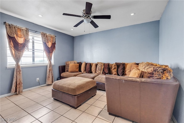 living room featuring recessed lighting, a ceiling fan, baseboards, and light tile patterned floors