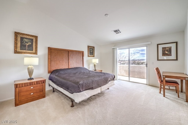 bedroom featuring carpet, access to outside, vaulted ceiling, and visible vents