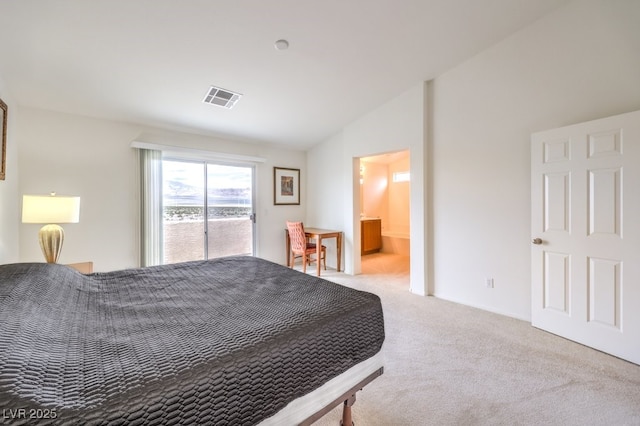 carpeted bedroom with access to exterior, vaulted ceiling, and visible vents