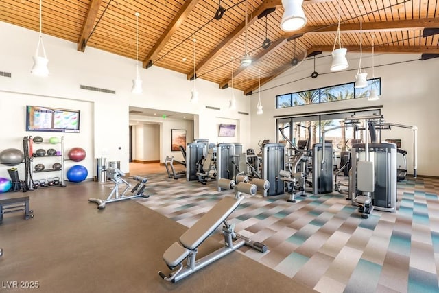 31 Autumn Palm Ave, Henderson, NV 89011 - exercise room featuring high vaulted ceiling, wood ceiling, and beamed ceiling
