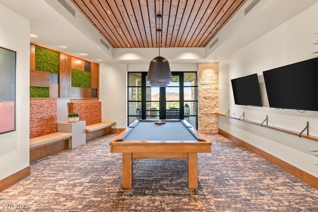 31 Autumn Palm Ave, Henderson, NV 89011 - rec room featuring wooden ceiling, a raised ceiling, baseboards, billiards, and carpet