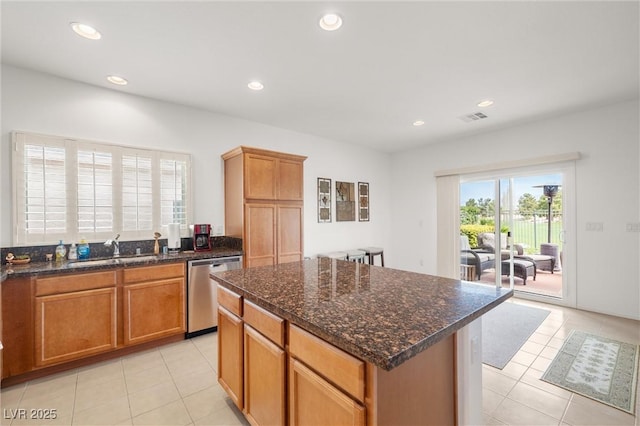 5224 E San Palo Dr, Pahrump, NV 89061 - kitchen with recessed lighting, light tile patterned floors, a sink, visible vents, and dishwasher