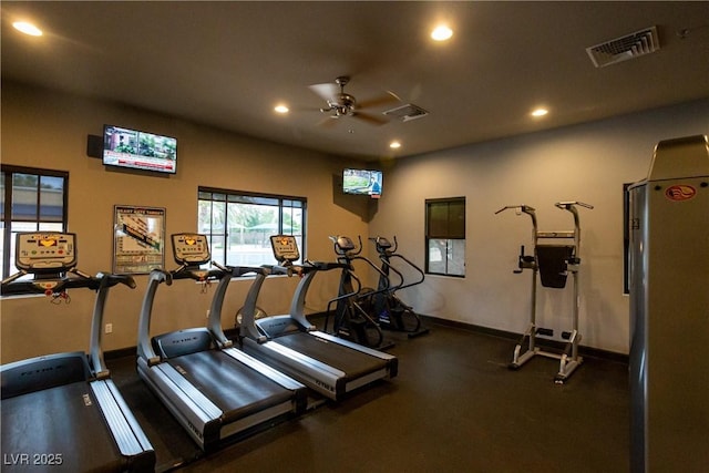 5224 E San Palo Dr, Pahrump, NV 89061 - exercise room featuring baseboards, ceiling fan, visible vents, and recessed lighting
