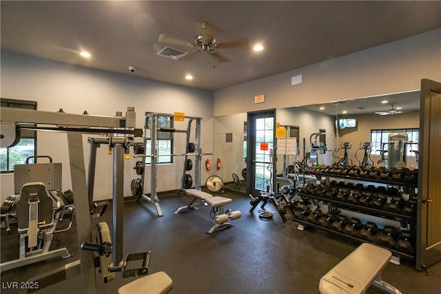 5224 E San Palo Dr, Pahrump, NV 89061 - workout area featuring visible vents, recessed lighting, and a ceiling fan