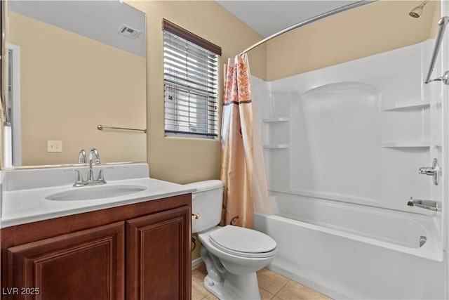 full bath with vanity, tile patterned flooring, toilet, visible vents, and shower / bath combo with shower curtain