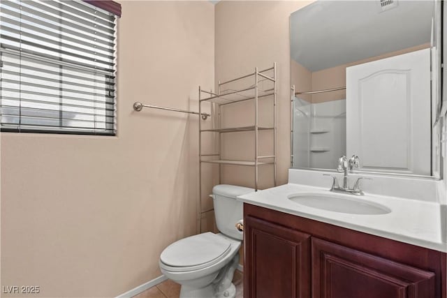 full bath with tile patterned floors, vanity, walk in shower, and toilet