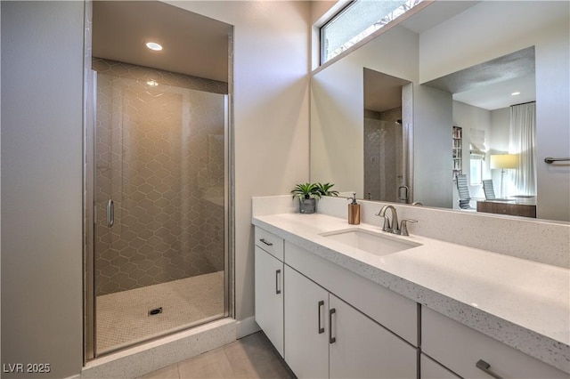 10 Sugarberry Ln, Las Vegas, NV 89135 - full bathroom featuring a stall shower, vanity, and recessed lighting