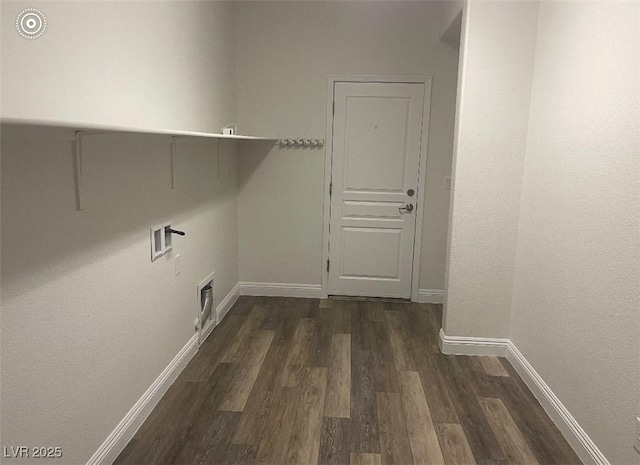 laundry area featuring laundry area, visible vents, baseboards, dark wood-style floors, and washer hookup