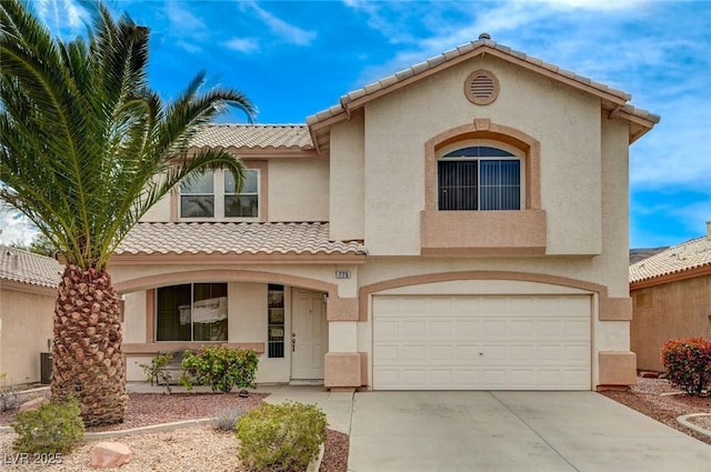 775 Wigan Pier Dr, Henderson, NV 89002 - mediterranean / spanish house with central air condition unit, a tiled roof, a garage, concrete driveway, and stucco siding