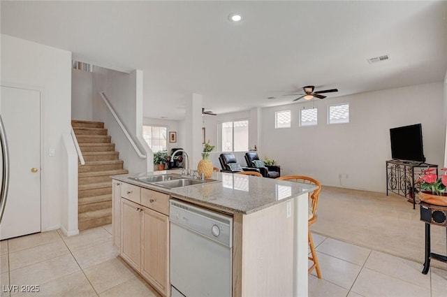775 Wigan Pier Dr, Henderson, NV 89002 - kitchen featuring open floor plan, a sink, visible vents, dishwasher, and a ceiling fan