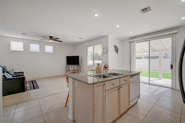 775 Wigan Pier Dr, Henderson, NV 89002 - kitchen featuring open floor plan, white dishwasher, a sink, visible vents, and light brown cabinets
