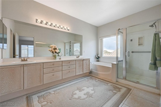 775 Wigan Pier Dr, Henderson, NV 89002 - full bathroom with tile patterned floors, a sink, a stall shower, and a bath